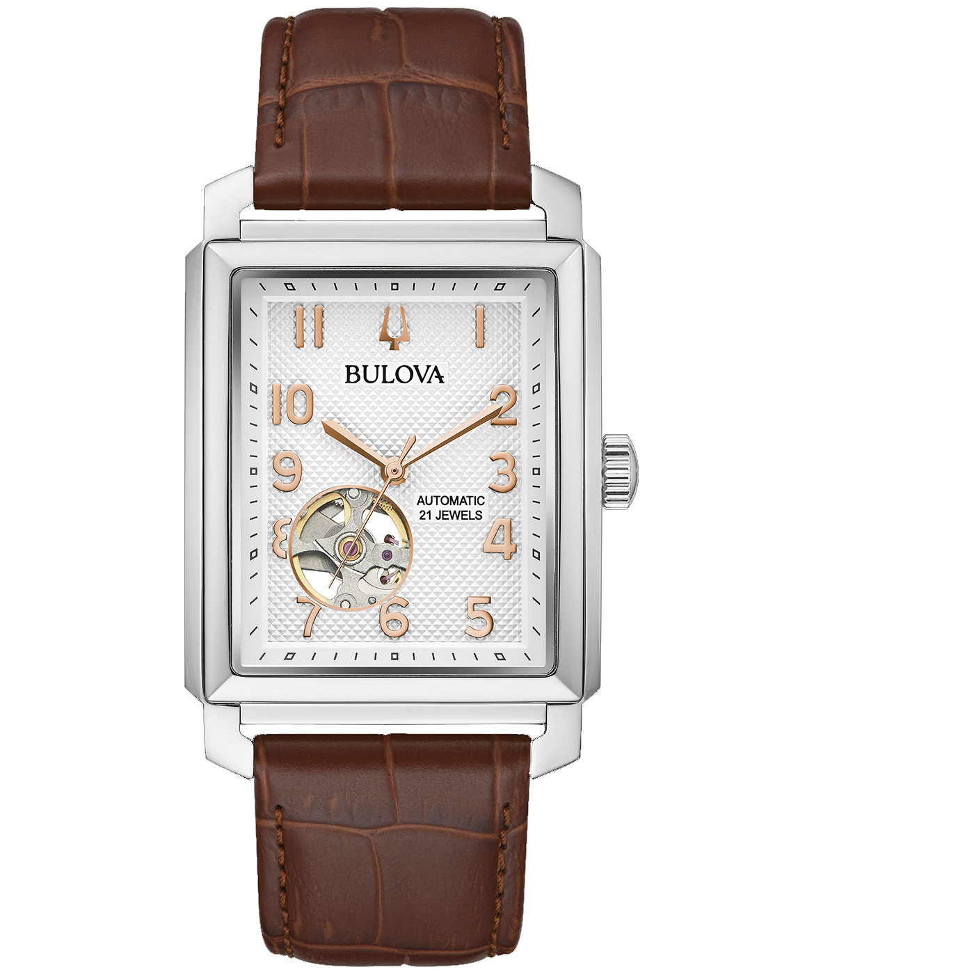 Bulova 96A268 – Classic Herren Mechanische Uhr in Silber mit Rosé-Gold Akzenten Bulova 96A268: Elegante Herren Uhr mit silberfarbenem Zifferblatt, arabischen Indizes, domed Kristallglas, verschraubtem Glasboden und rosé-goldenen Akzenten, kombiniert mit einem braunen Lederarmband – erhältlich bei Juwelier Becher.