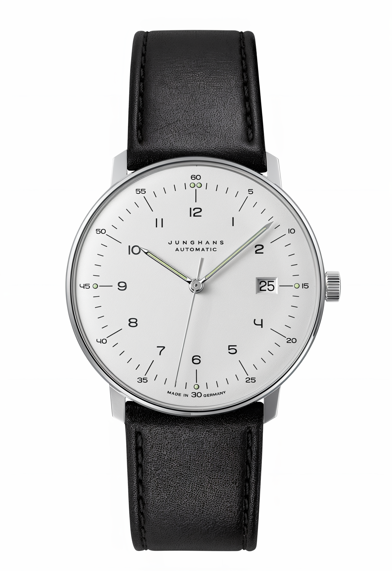 Junghans Max Bill Automatic mit Edelstahlgehäuse und schwarzem Lederarmband