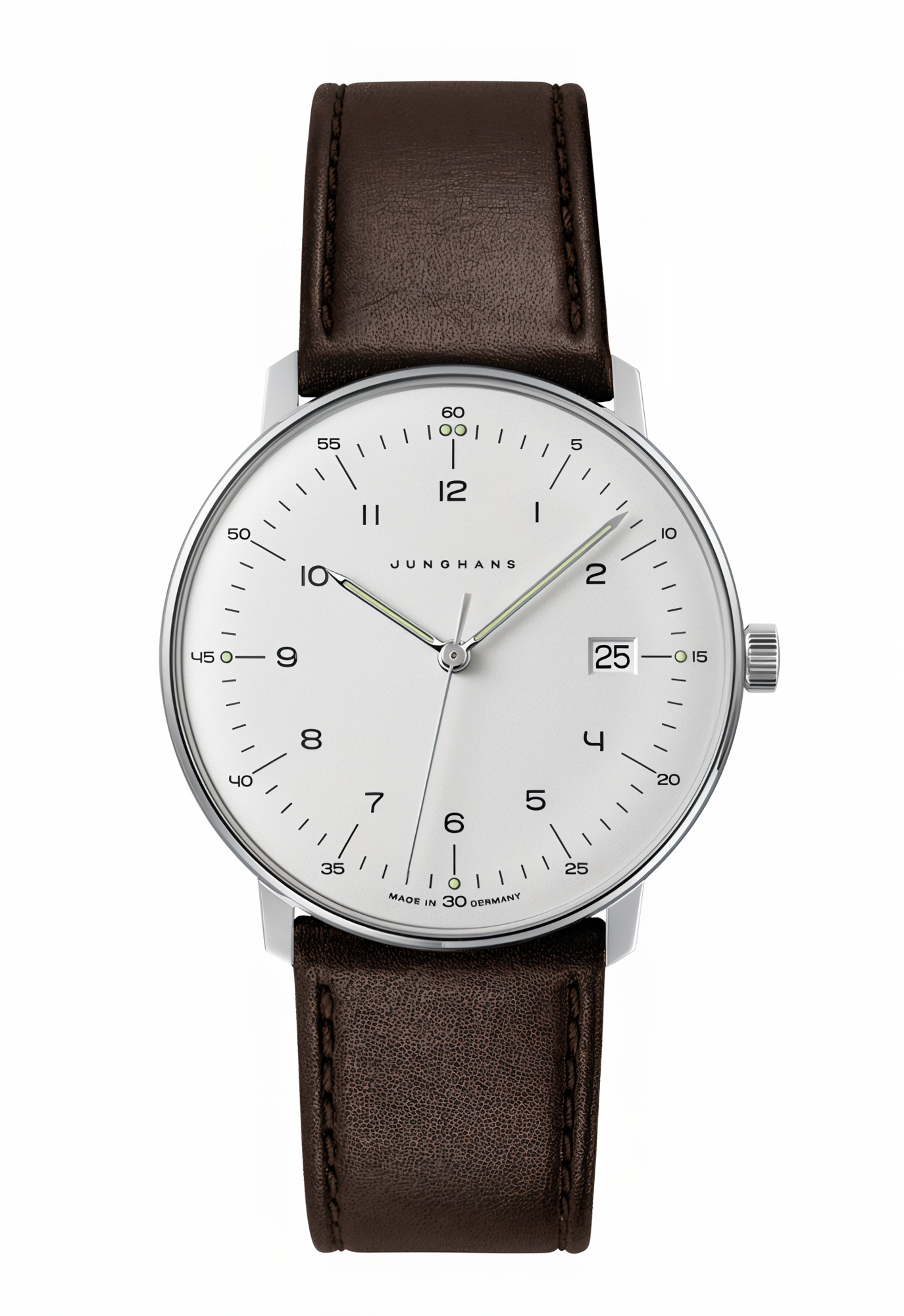 Junghans Max Bill Quarz mit Edelstahlgehäuse und braunem Lederarmband