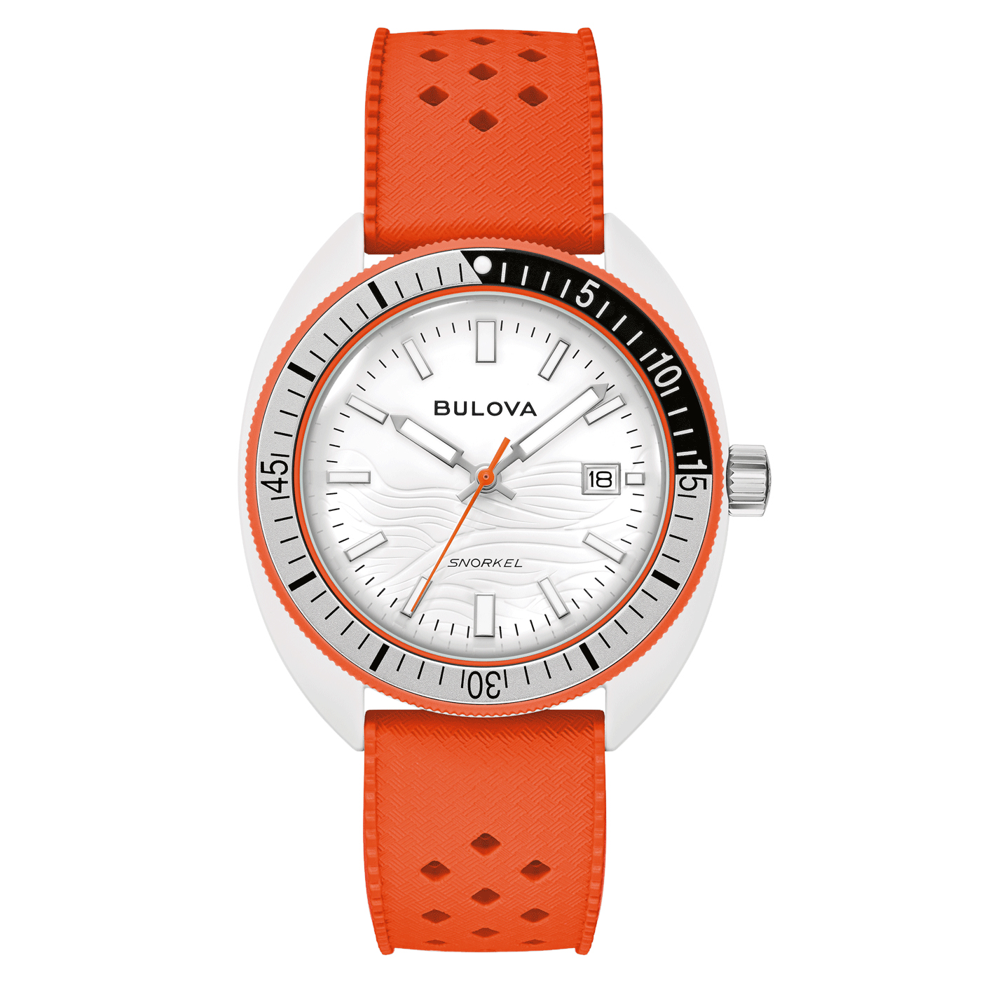 Bulova 98B448 – Elegante Unisex Analog Quartz Uhr mit Hybrid-Keramikgehäuse Bulova 98B448 – Elegante Unisex Analog Quartz Uhr mit Hybrid-Keramikgehäuse, weißem Zifferblatt, leuchtenden Indizes, einseitig drehbarer Lünette, verschraubtem Boden und orangefarbenem Kautschukarmband – erhältlich bei Juwelier Becher