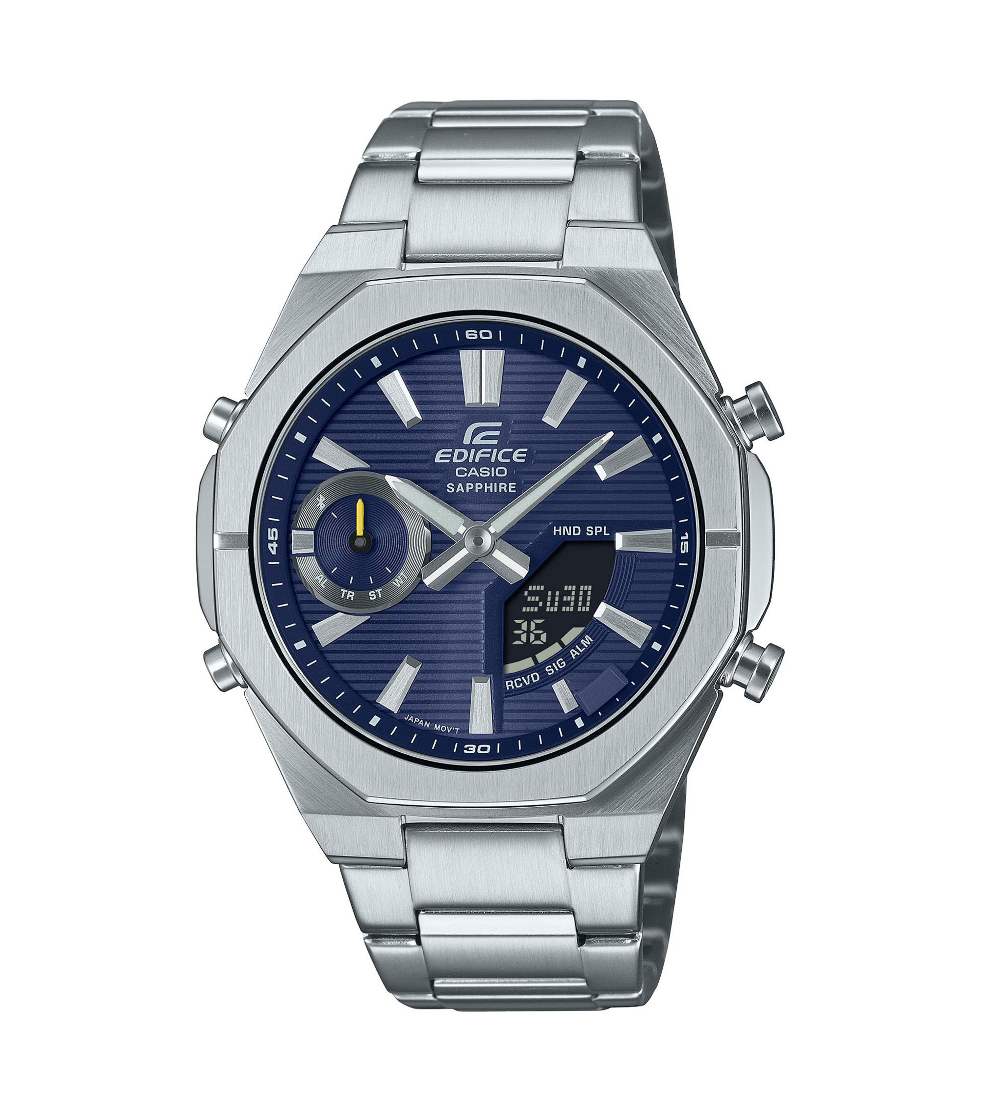 Casio Edifice ECB-S10D-2AER – Schlanker Analog-Digital-Chronograph Casio Edifice ECB-S10D-2AER zeigt ein schlankes, weniger als 10 mm dünnes Edelstahlgehäuse, Saphirkristallglas und ein LED-unterstütztes Zifferblatt. Die Smartphone-Konnektivität per Bluetooth® sowie Smarte Funktionen wie Weltzeit, Stoppuhr und Timer mach