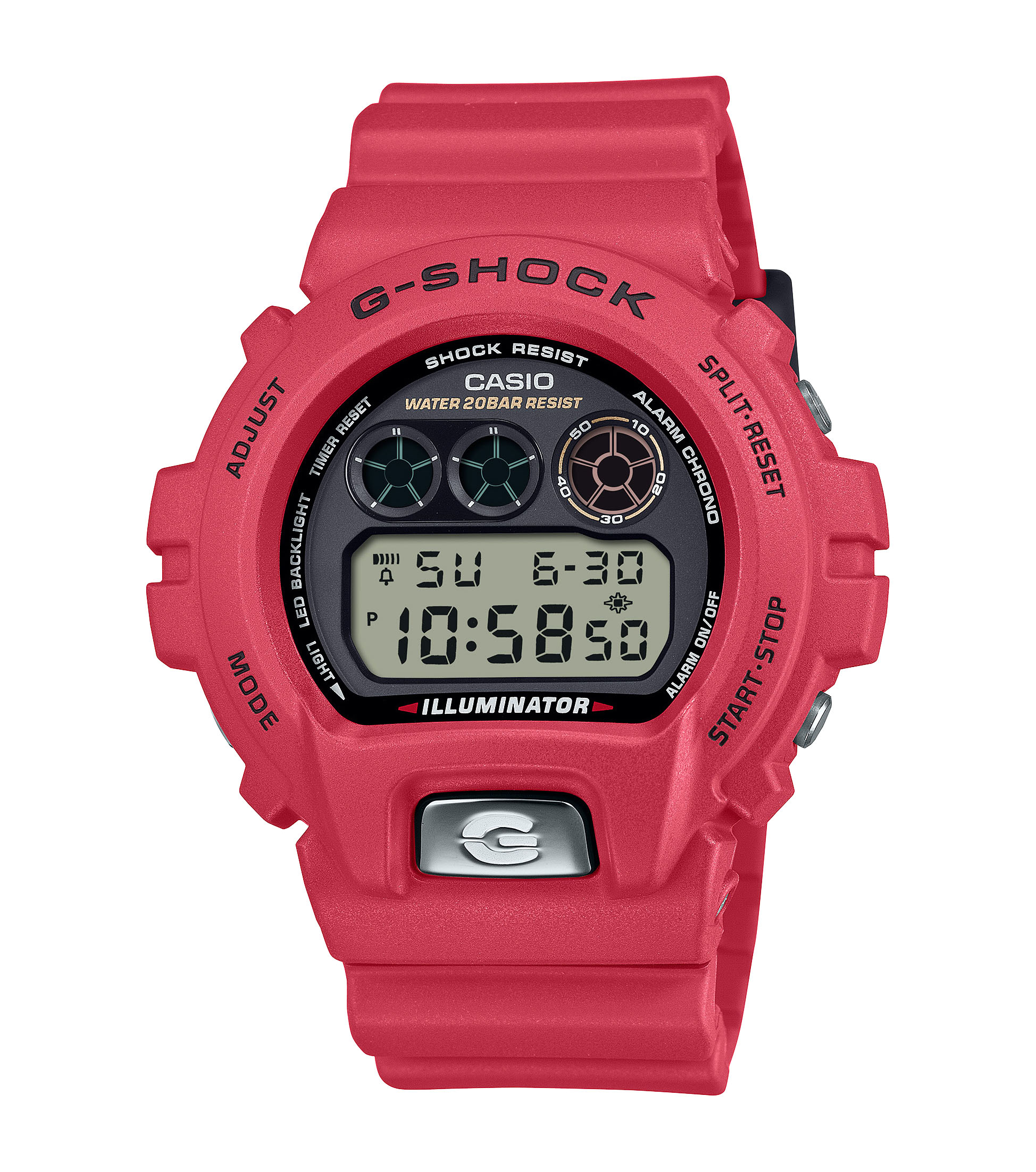 G-Shock DW-6900TR-4ER – 30th Anniversary Red Edition G-Shock DW-6900TR-4ER Red Edition: Limitierte 30th Anniversary Version der 6900-Serie mit rotem Gehäuse, Metallfronttaste mit geätztem ‚G‘, ‚SINCE 1995‘-Anzeige und 30-Sterne Gravur – gefertigt aus biobasiertem Resin, erhältlich im Fachhandel bei Juwelier