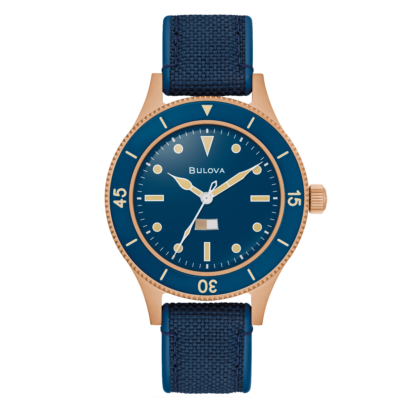 Bulova Archive MIL‑SHIPS Bronze Special Edition – 150th Anniversary (Modell 98A325) Bulova 98A325 MIL‑SHIPS Bronze Special Edition: Roségoldenes, sandgestrahltes CuSn8-Bronzegehäuse mit tiefblauem Zifferblatt, drehbarer Aluminium-Lünette, 3 Diamanten, gepresstem Jubiläums-Detail auf dem Gehäuseboden und einem tiefblauen Armband – limitie