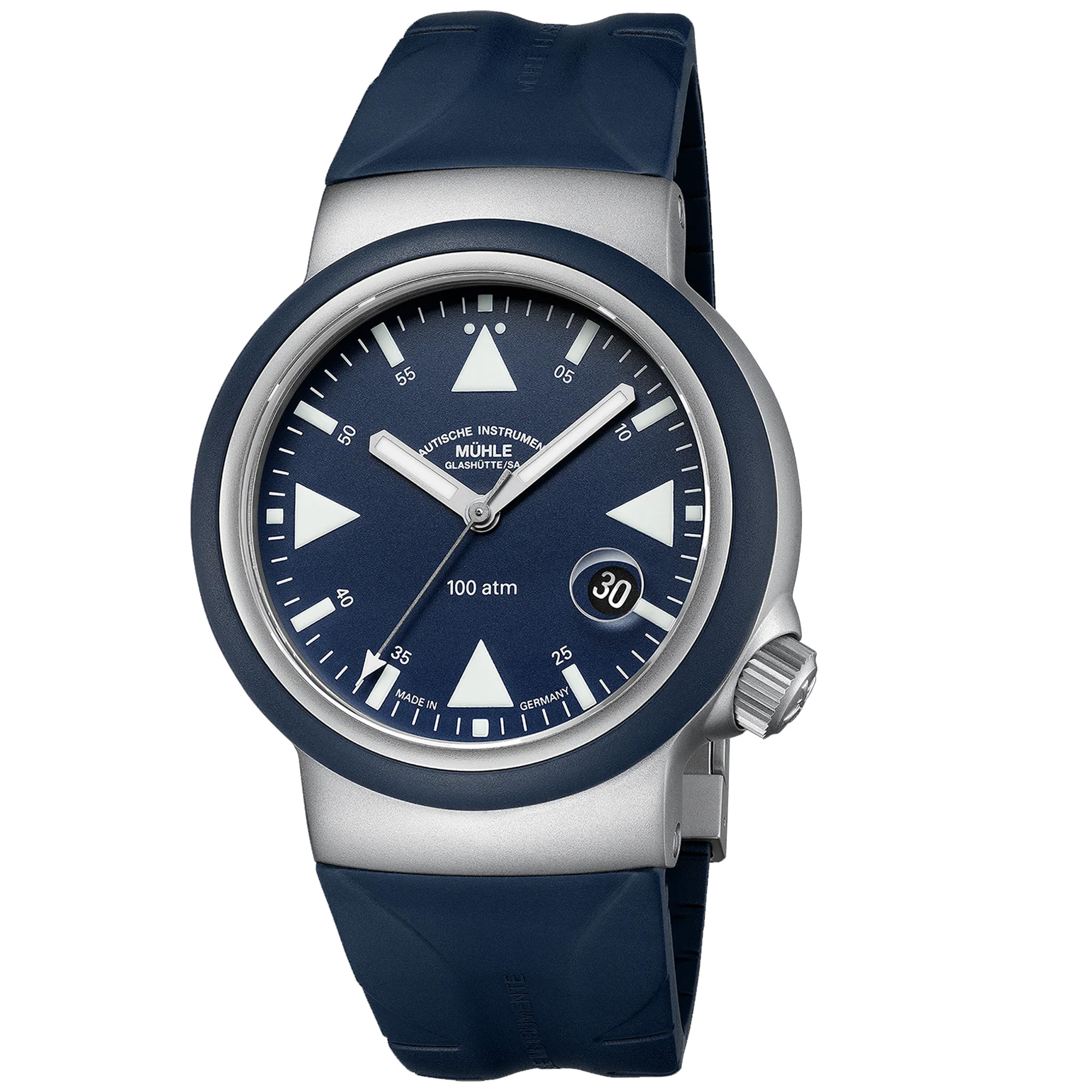 Frontansicht Mühle Glashütte S.A.R. Rescue-Timer Nautikblau mit blauem Zifferblatt und weißem Leuchtdreieck.