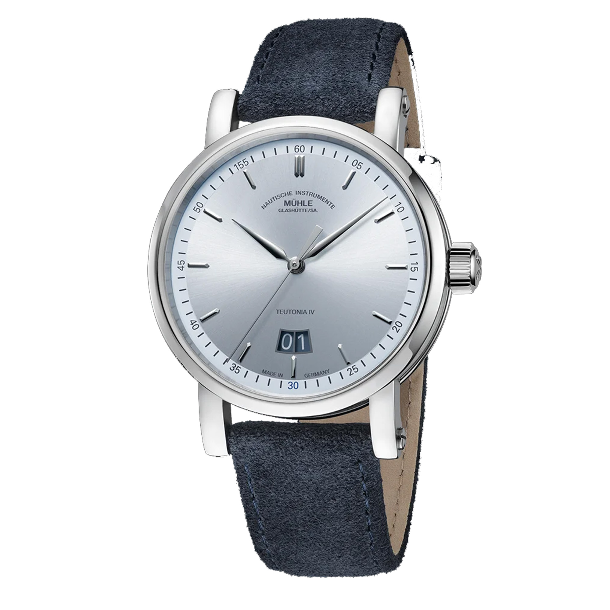 Mühle Glashütte Teutonia IV Großdatum Edition 1994 – Limitierte Meisterklasse Die Mühle Glashütte Teutonia IV Großdatum Edition 1994 mit eisblauem Zifferblatt, applizierten Indizes, Edelstahlgehäuse und gewölbtem Saphirglas – eine exklusive Businessuhr mit präziser Mechanik.