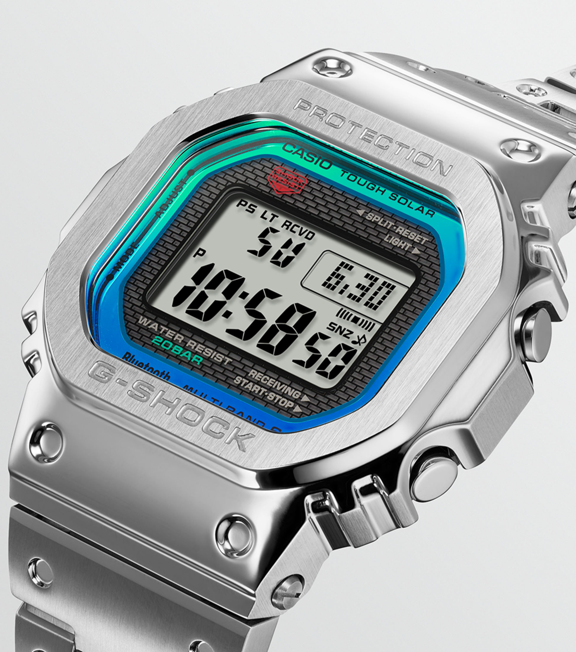 G-Shock GMW-B5000PC-1ER – Regenbogen-Edition beautyshot G-Shock GMW-B5000PC-1ER mit Regenbogendesign und Edelstahlgehäuse beautyshot