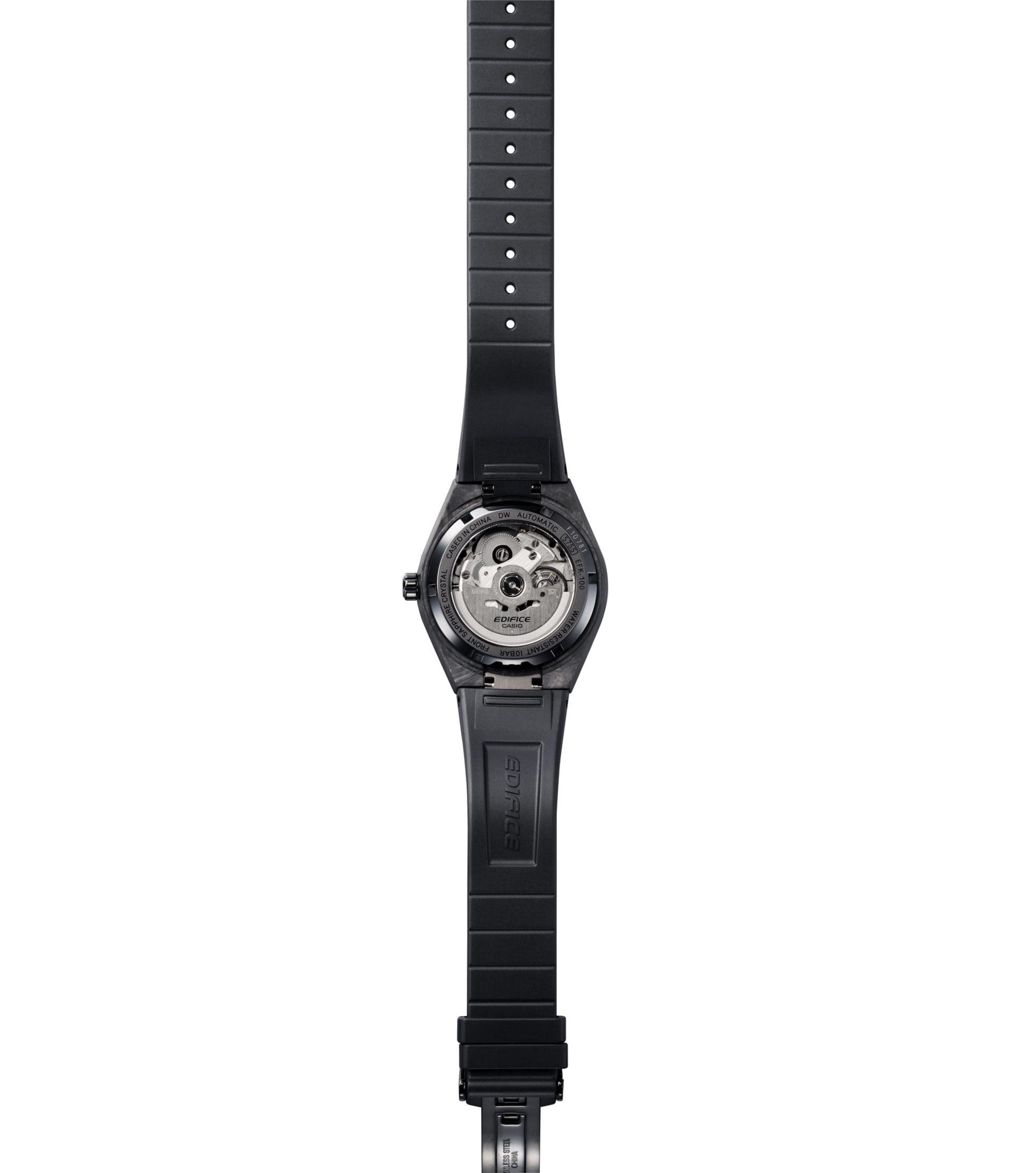 Casio EFK-100XPB-1AEF – mechanische Herrenuhr aus geschmiedetem Carbon Totale Rückseite Totale Rückseite der Casio Edifice EFK-100XPB-1AEF mit Carbongehäuse und Saphirglas