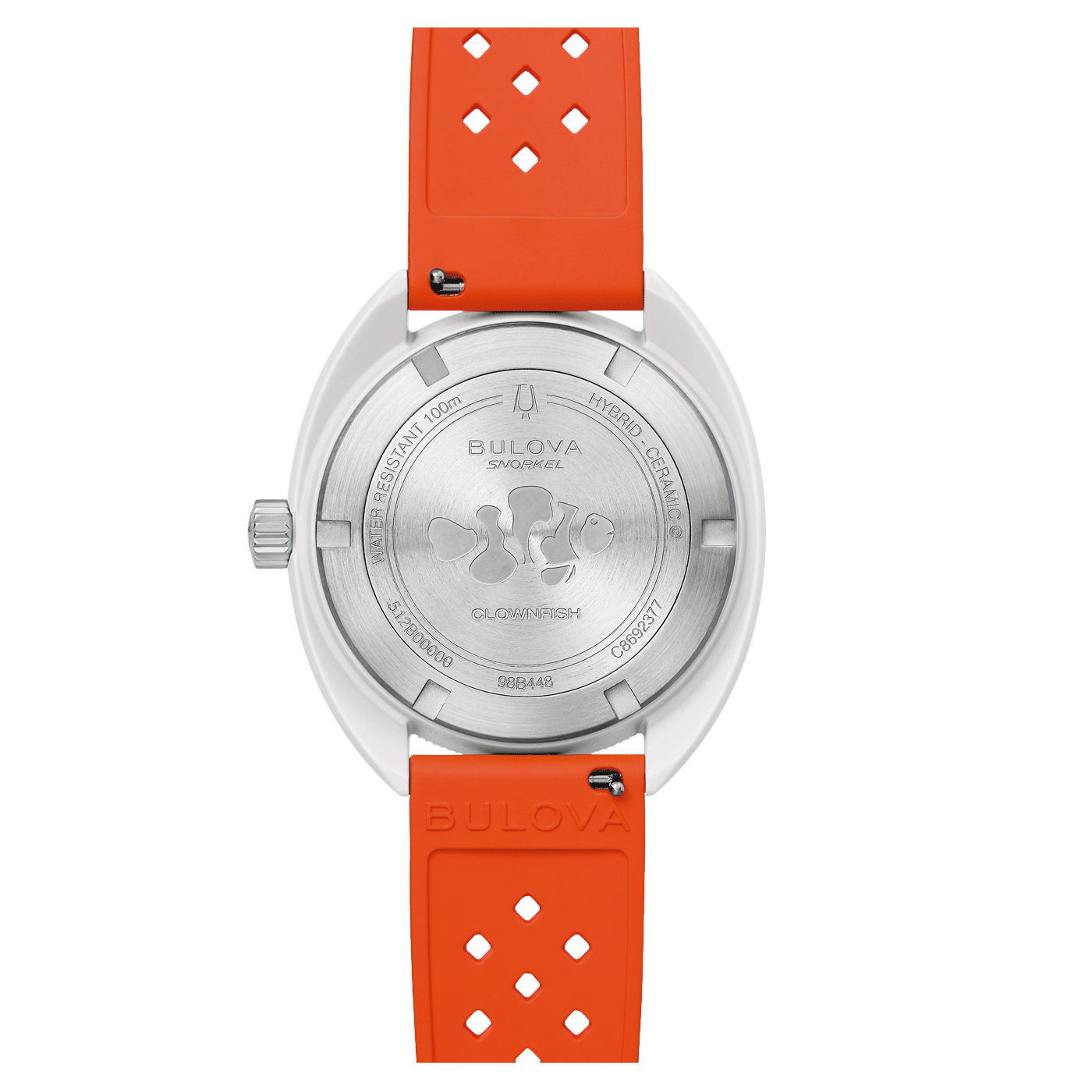 Rücksicht Bulova 98B448 – Elegante Unisex Analog Quartz Uhr mit Hybrid-Keramikgehäuse Rückblick auf Bulova 98B448 – Elegante Unisex Analog Quartz Uhr mit Hybrid-Keramikgehäuse, weißem Zifferblatt, leuchtenden Indizes, einseitig drehbarer Lünette, verschraubtem Boden und orangefarbenem Kautschukarmband – erhältlich bei Juwelier Becher