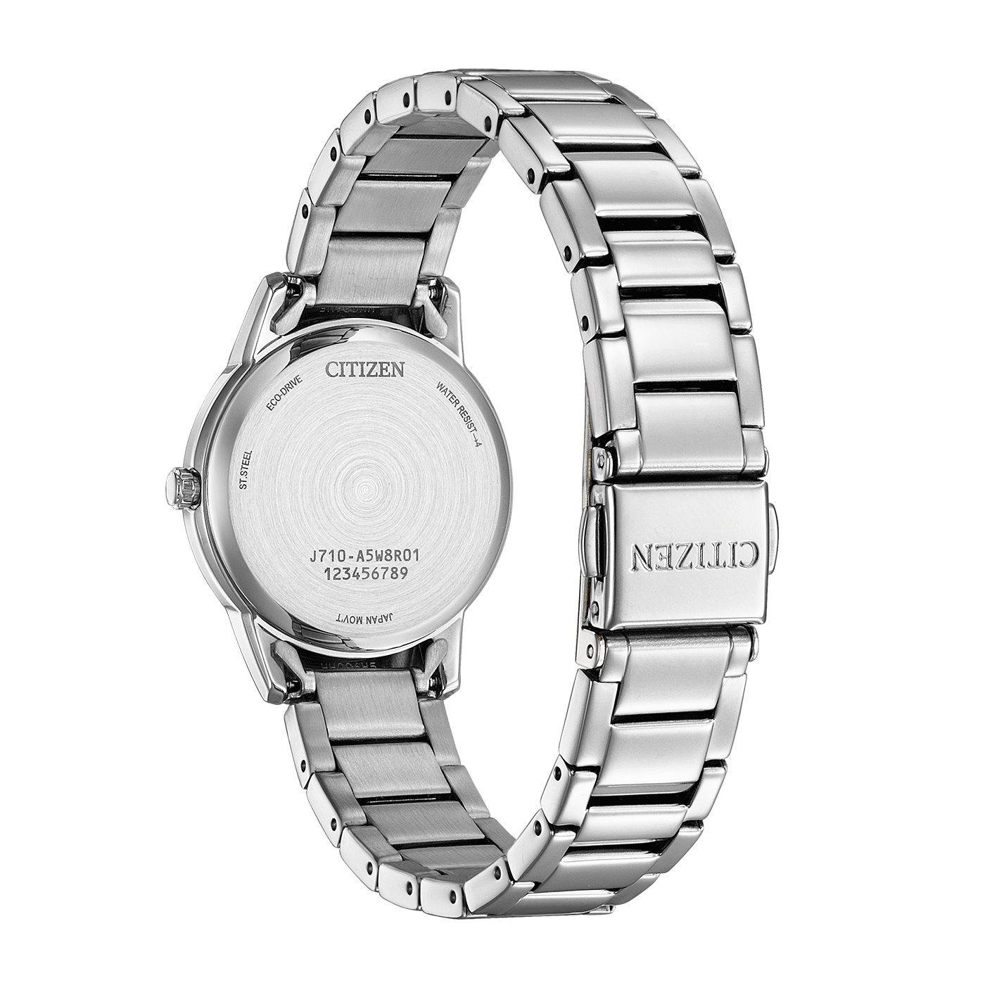 Citizen Damenuhr FE1241-71Z Modern Dress – Rückansicht Die Rückansicht der Citizen Damenuhr FE1241-71Z Modern Dress offenbart das hochwertige, silberfarbene Edelstahlgehäuse und zeigt diskret integrierte Details des Uhrwerks. Das Design strahlt Präzision und zeitlose Eleganz aus – ideal für anspruchsvolle Dam
