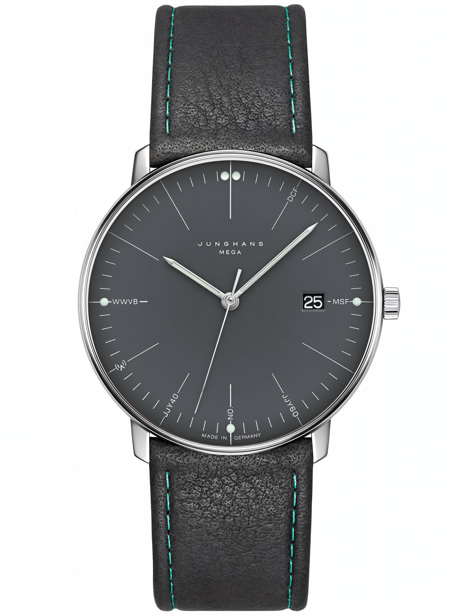 Junghans 058/4823.00 max bill mega Funkuhr mit Edelstahlgehäuse und grauem Lederarmband