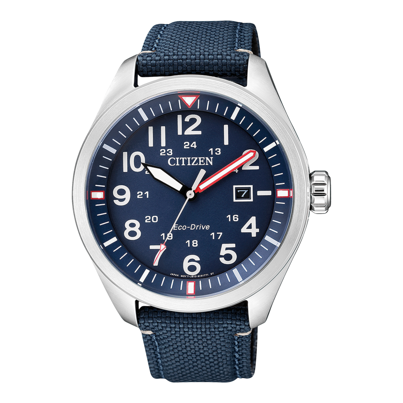 Citizen AW5000-16L mit dunkelblauem Zifferblatt und Nylonarmband in Frontansicht