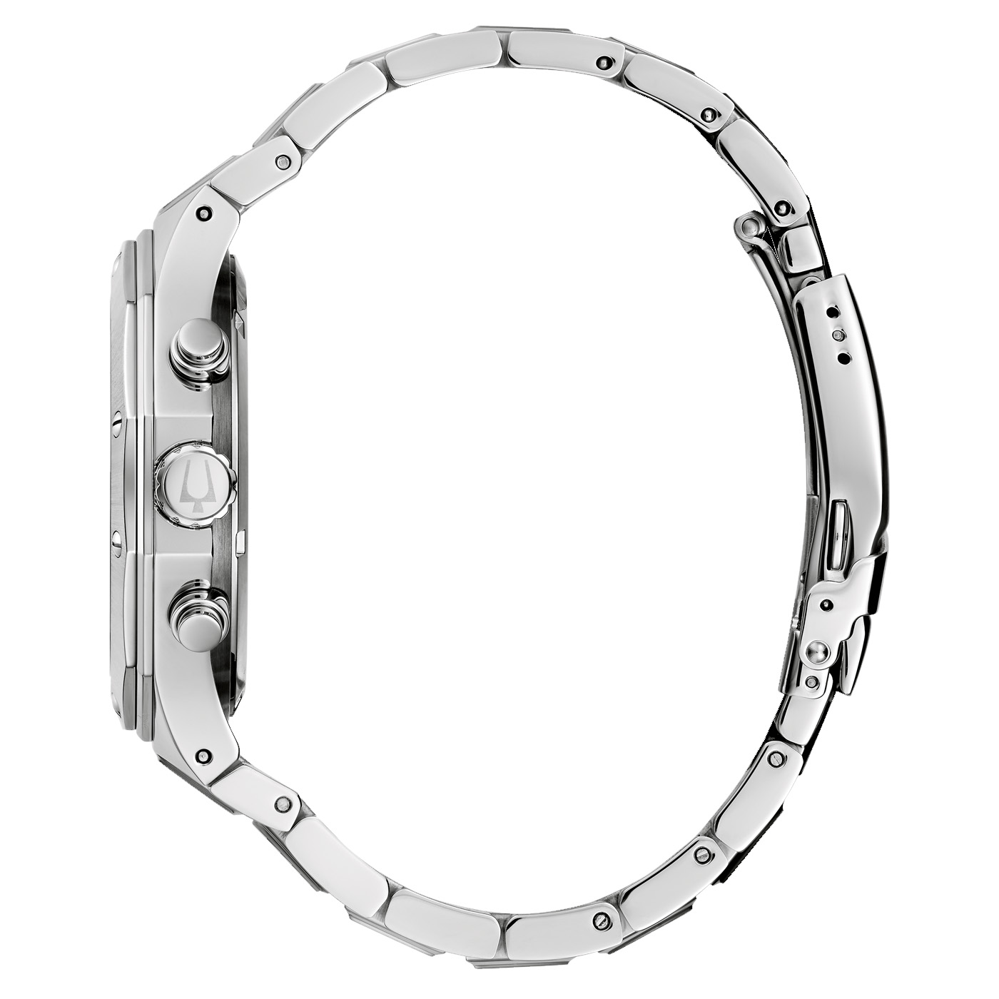 Seitenansicht Bulova 96B410 – Eleganter Herren-Chronograph mit schwarzem Zifferblatt Seitenansicht Bulova 96B410 – Eleganter Herren-Chronograph mit schwarzem Zifferblatt, High Performance Quartz, verschraubtem Edelstahlboden und silberfarbenem Faltschließenarmband – erhältlich bei Juwelier Becher