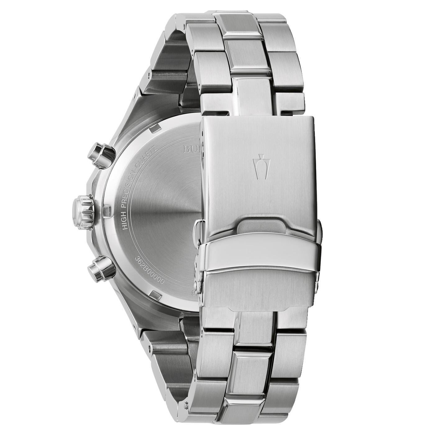 Rückseite Bulova 96B410 – Eleganter Herren-Chronograph mit schwarzem Zifferblatt Rückseite Bulova 96B410 – Eleganter Herren-Chronograph mit schwarzem Zifferblatt, High Performance Quartz, verschraubtem Edelstahlboden und silberfarbenem Faltschließenarmband – erhältlich bei Juwelier Becher