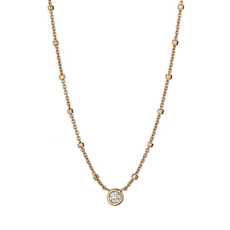 Elegantes Collier "Delight" aus intensivem 750er Roségold von Gellner, verziert mit einem Brillanten von ca. 0,170 ct (ttlb si) und polierter Oberfläche. Variierbare Länge mit Zwischenösen bei 38 cm und 40 cm.