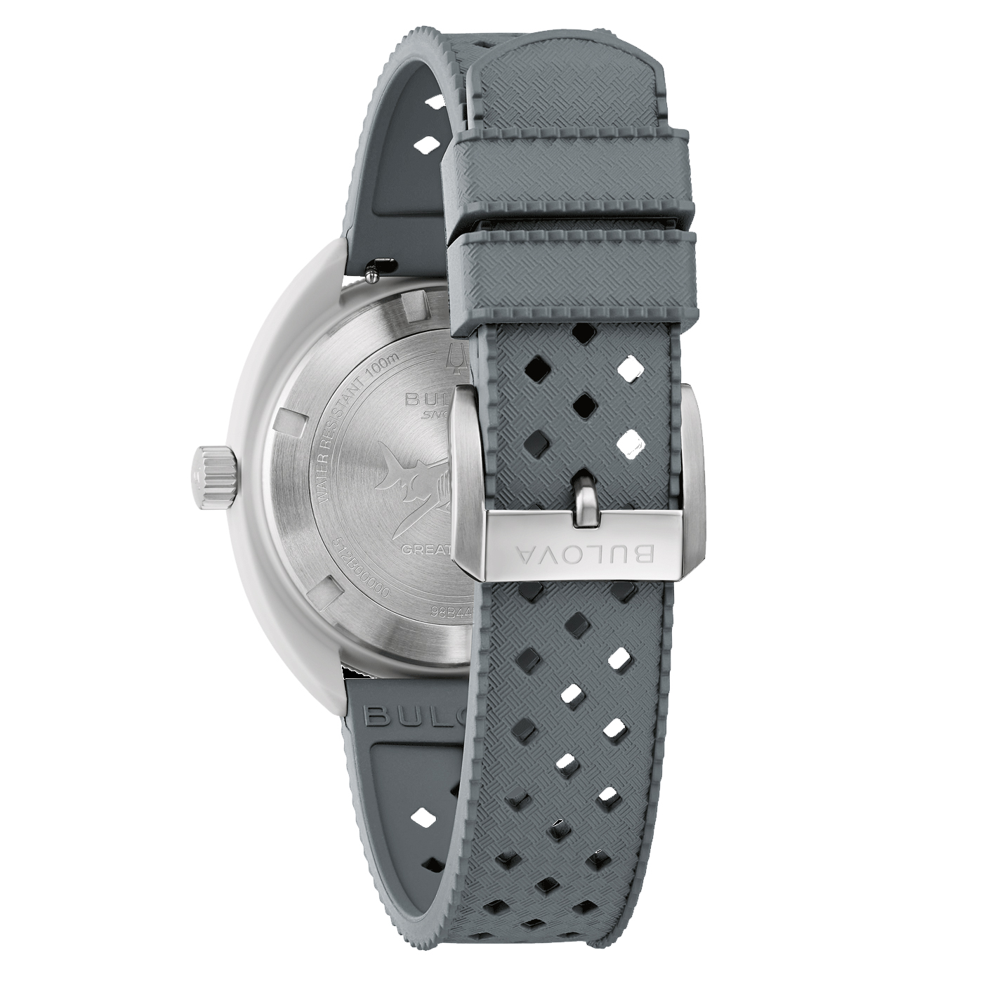 Rückansicht Bulova 98B449 – Premium Unisex Summer Watch mit Hybrid-Keramik Rücksicht auf Bulova 98B449: Elegante Unisex Analog Quartz Uhr mit weißem Zifferblatt, leuchtenden Indizes, silberfarbenem Hybrid-Keramikgehäuse mit einseitig drehbarer Lünette, verschraubtem Boden und grauem Kautschukarmband – erhältlich bei Juwelier Bec