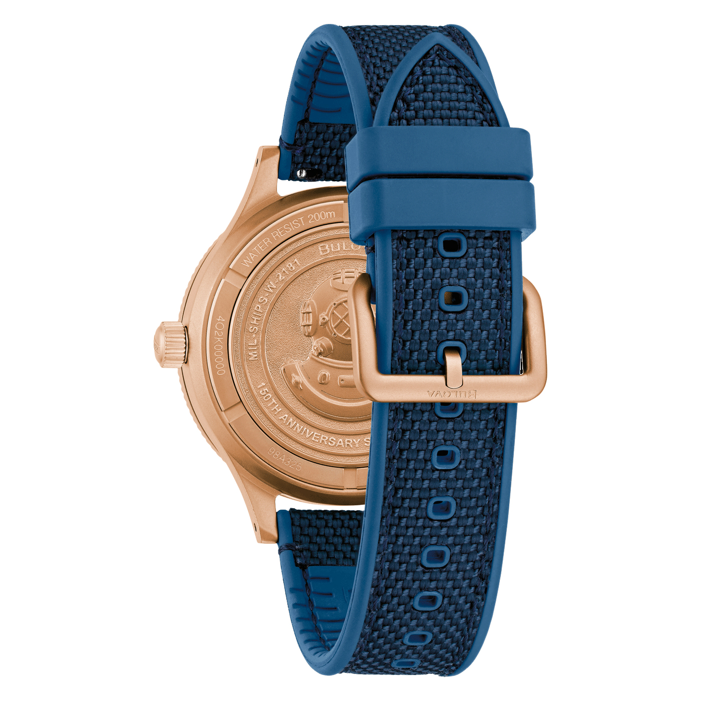 Rückseite Bulova Archive MIL‑SHIPS Bronze Special Edition – 150th Anniversary (Modell 98A325) Rückseite Bulova 98A325 MIL‑SHIPS Bronze Special Edition: Roségoldenes, sandgestrahltes CuSn8-Bronzegehäuse mit tiefblauem Zifferblatt, drehbarer Aluminium-Lünette, 3 Diamanten, gepresstem Jubiläums-Detail auf dem Gehäuseboden und einem tiefblauen Armband