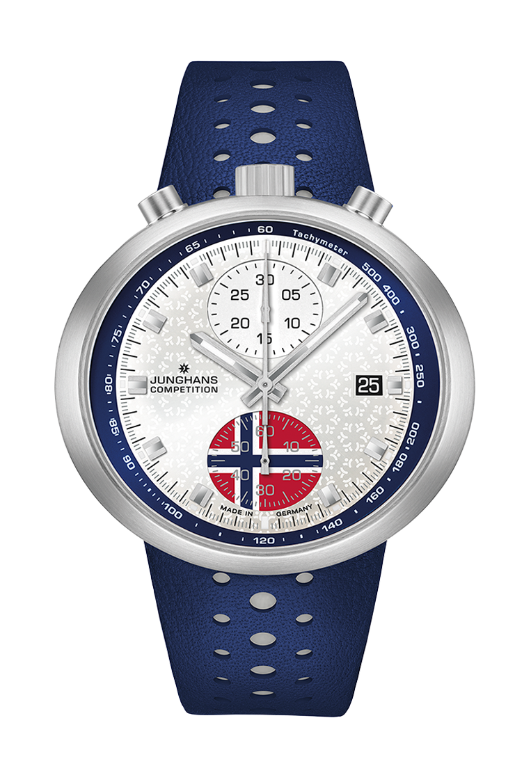Junghans 1972 Competition FIS Edition Trondheim: Limitierte Edition mit silbernem Sonnenschliff-Zifferblatt, Automatikwerk J880.5, Edelstahl, norwegischer Flaggenakzent – limitiert auf 150 Stück