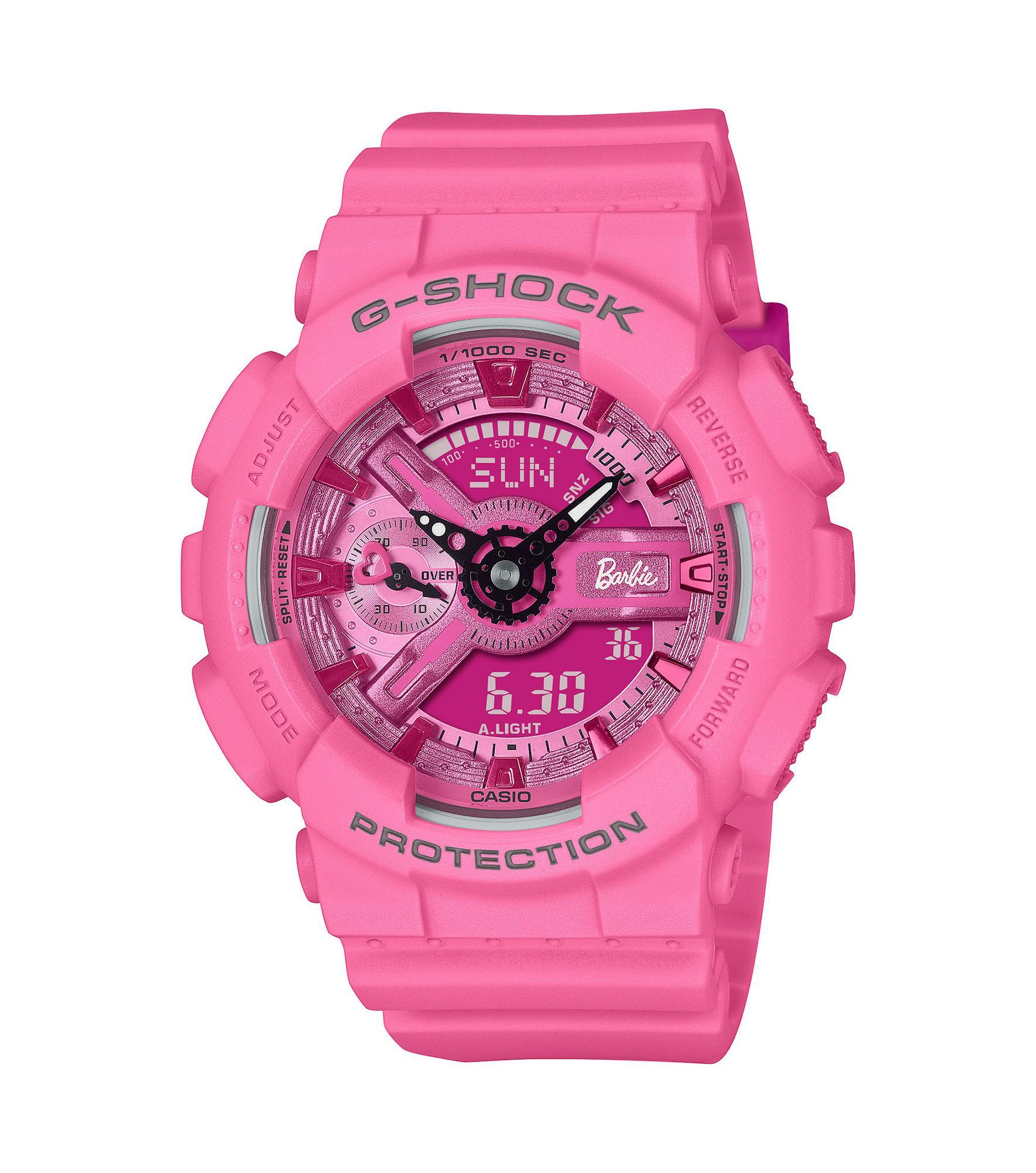 G-SHOCK x Barbie™ GMA-S110BE-4A Frontansicht Hellrosa G-SHOCK x Barbie™ GMA-S110BE-4A Front mit Barbie™-Logo und Silhouette im Zifferblatt