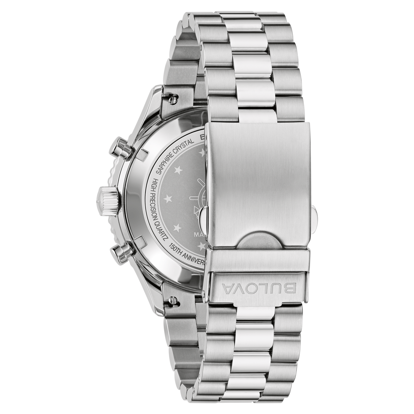 Bulova 98B451 – Rückansicht mit Marine-Star-Gravur Bulova Marine Star 98B451 Rückseite mit graviertem Anker-Logo und verschraubtem Gehäuseboden
