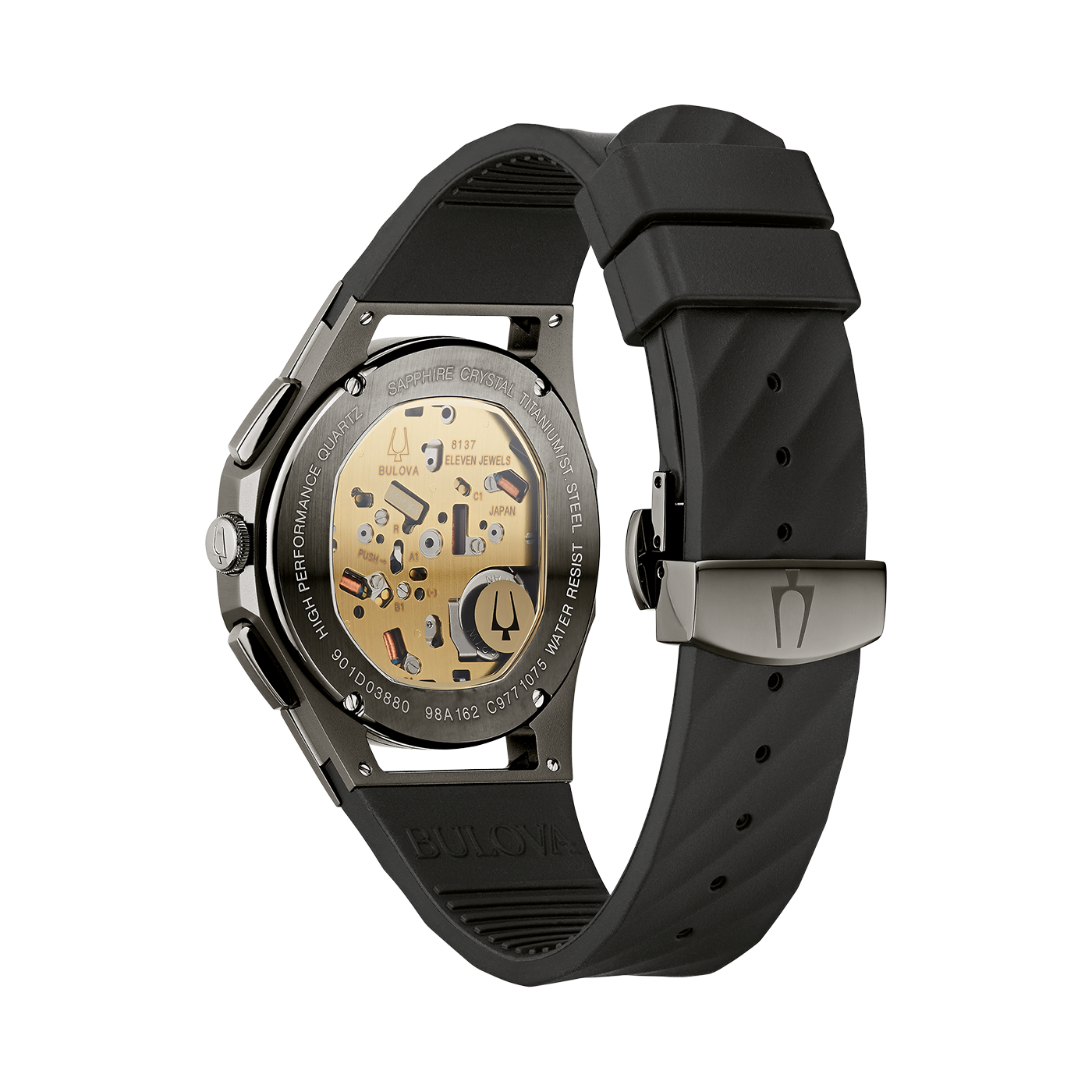 Rücksicht auf Bulova 98A162 – CURV Dress Chronograph, ein ergonomisch geformter Herren-Chronograph mit schwarzem Zifferblatt, roségoldenen Akzenten, gebogenem Saphirglas mit Antireflex und Glasboden, ionenplattiertem Titan-Gehäuse und schwarzem Urethan‑Ar