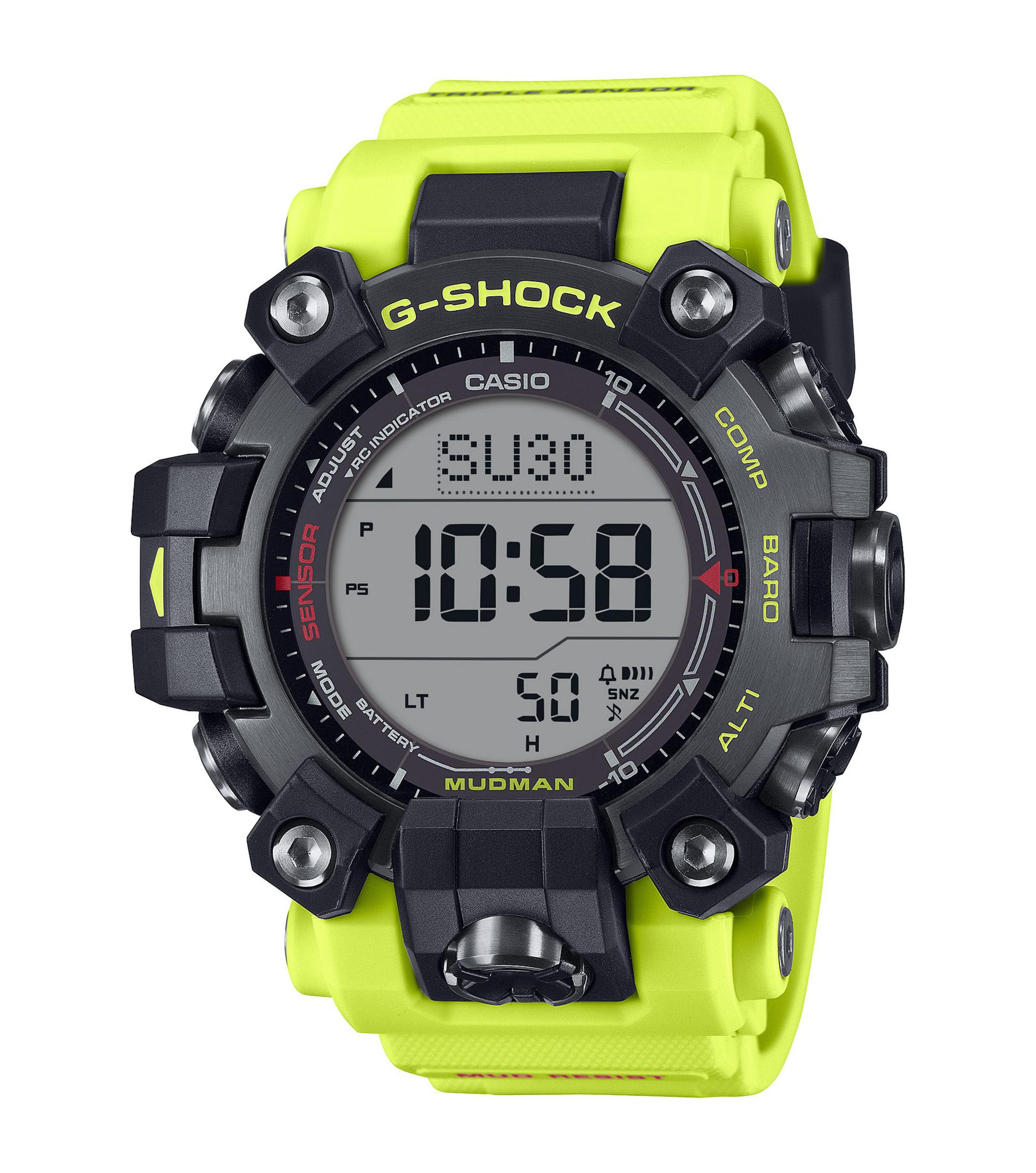 CASIO MUDMAN GW-9500MRY-1ER – Rescue Yellow Master of G CASIO MUDMAN GW-9500MRY-1ER: Tiefschwarzes Gehäuse, leuchtend gelbes Armband, stoß-, staub- und schlammfest mit Funksteuerung und Solarbetrieb – jetzt im Fachhandel erhältlich
