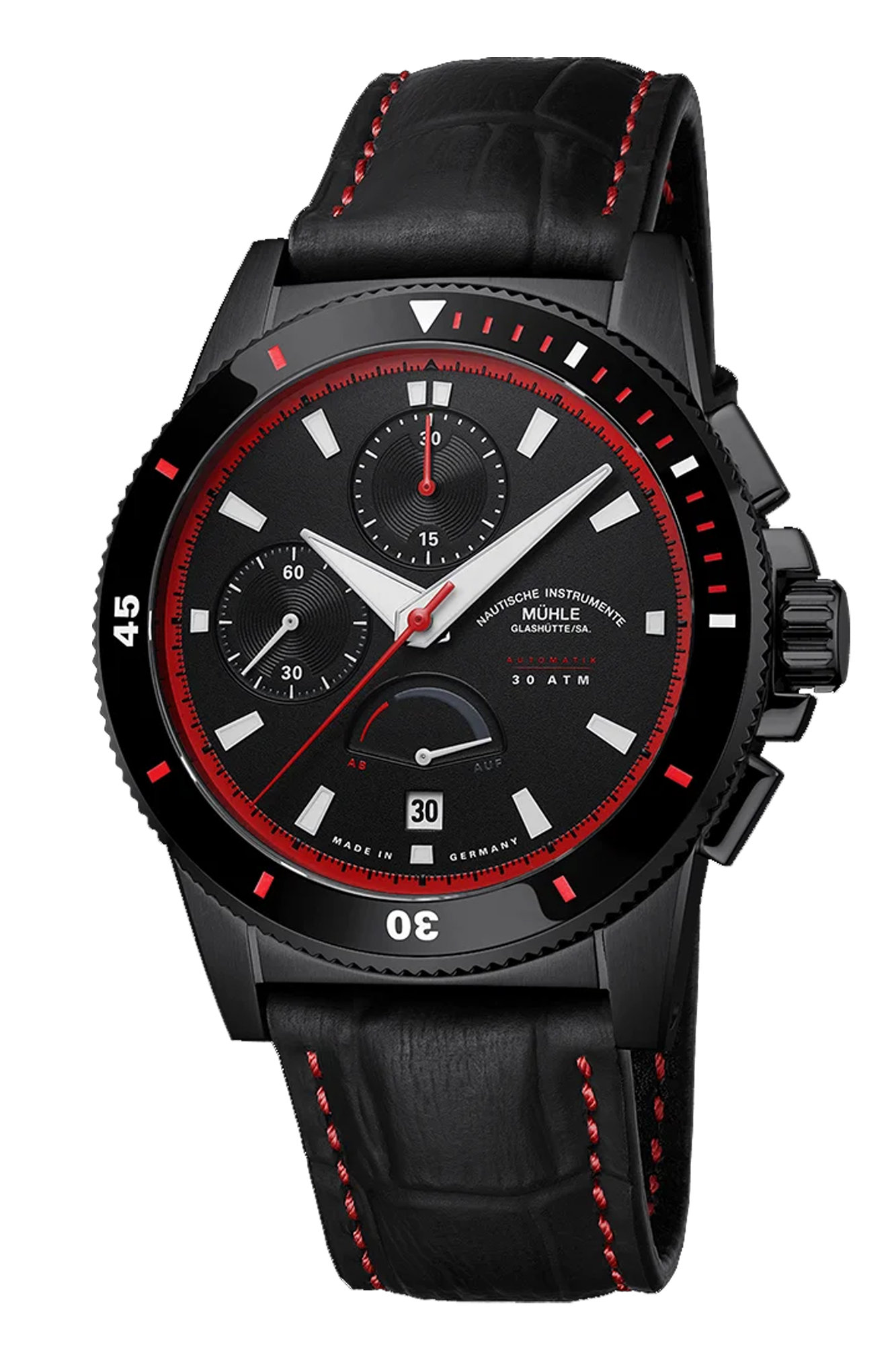 Sportivo Power Chronograph – limitierte Taucheruhr mit Gangreserve Mühle Sportivo Power Chronograph mit schwarzem Zifferblatt und Lederband