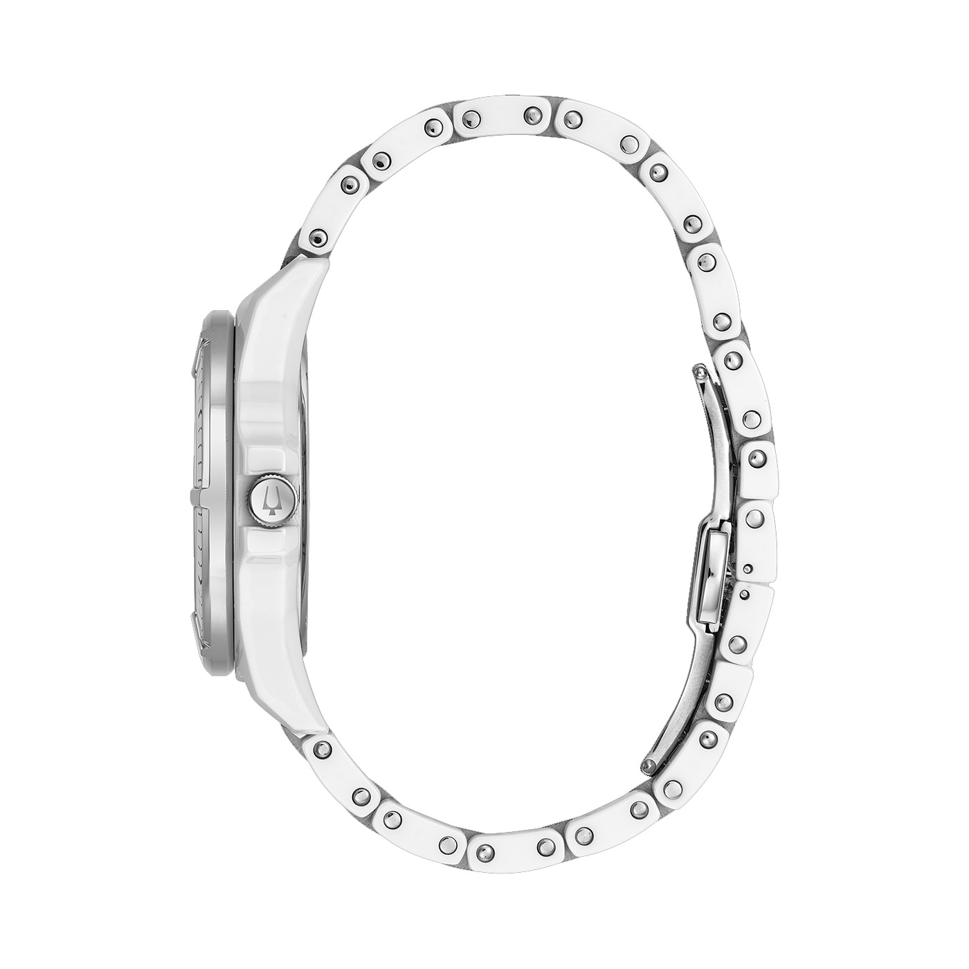 Seitenansicht Bulova 98P172 – Elegante Damenuhr mit perlmuttfarbenem Zifferblatt, römischen Indizes, 5 Diamanten Seitenansicht der Bulova 98P172 – Elegante Damenuhr mit perlmuttfarbenem Zifferblatt, römischen Indizes, 5 Diamanten, Saphirglas, robustem Keramik-Stahlgehäuse mit verschraubtem Boden und weißem Keramik-Stahlarmband – erhältlich bei Juwelier Becher