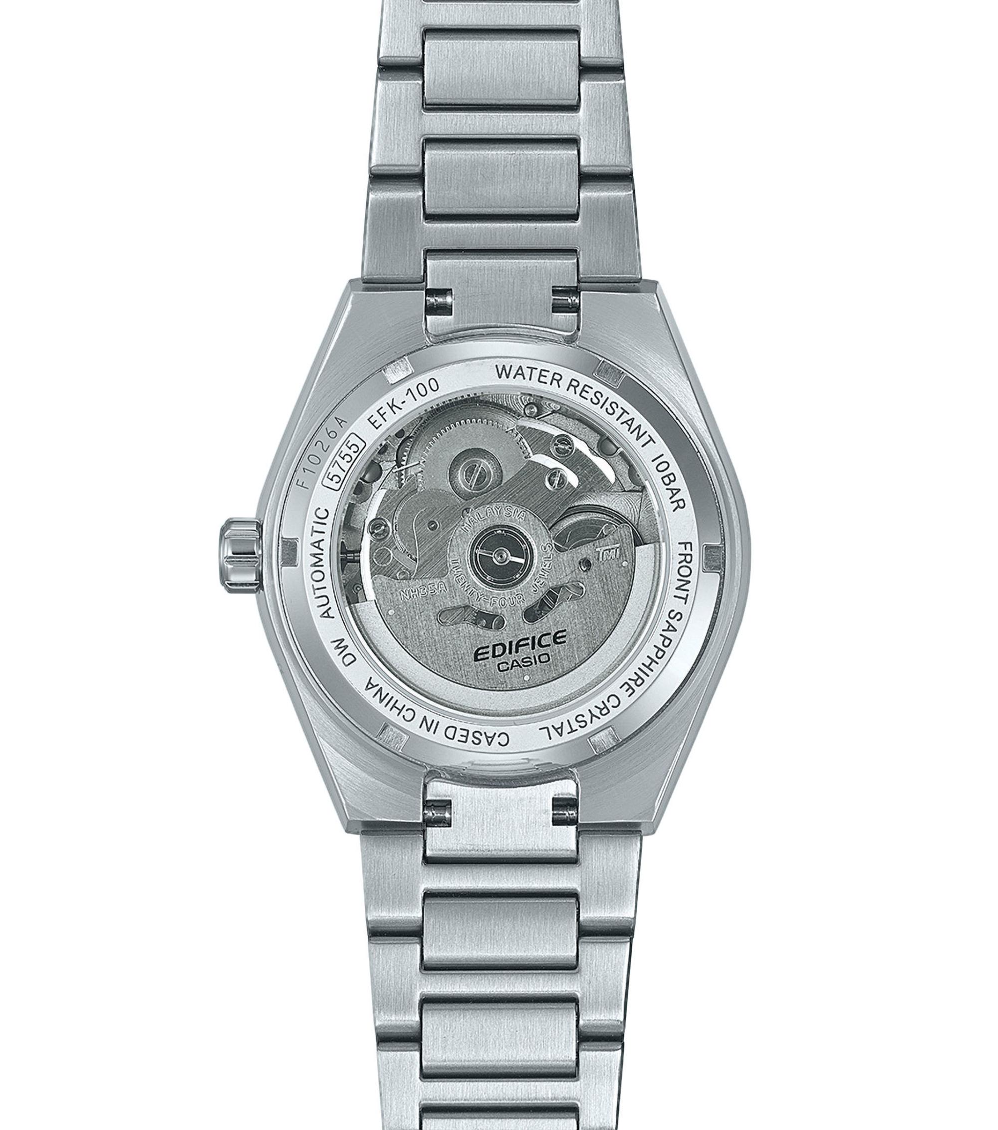 Casio EFK-100D-2AEF – Glasboden mit mechanischem Uhrwerk Casio EFK-100D-2AEF Rückseite mit Sichtfenster auf das Automatikwerk