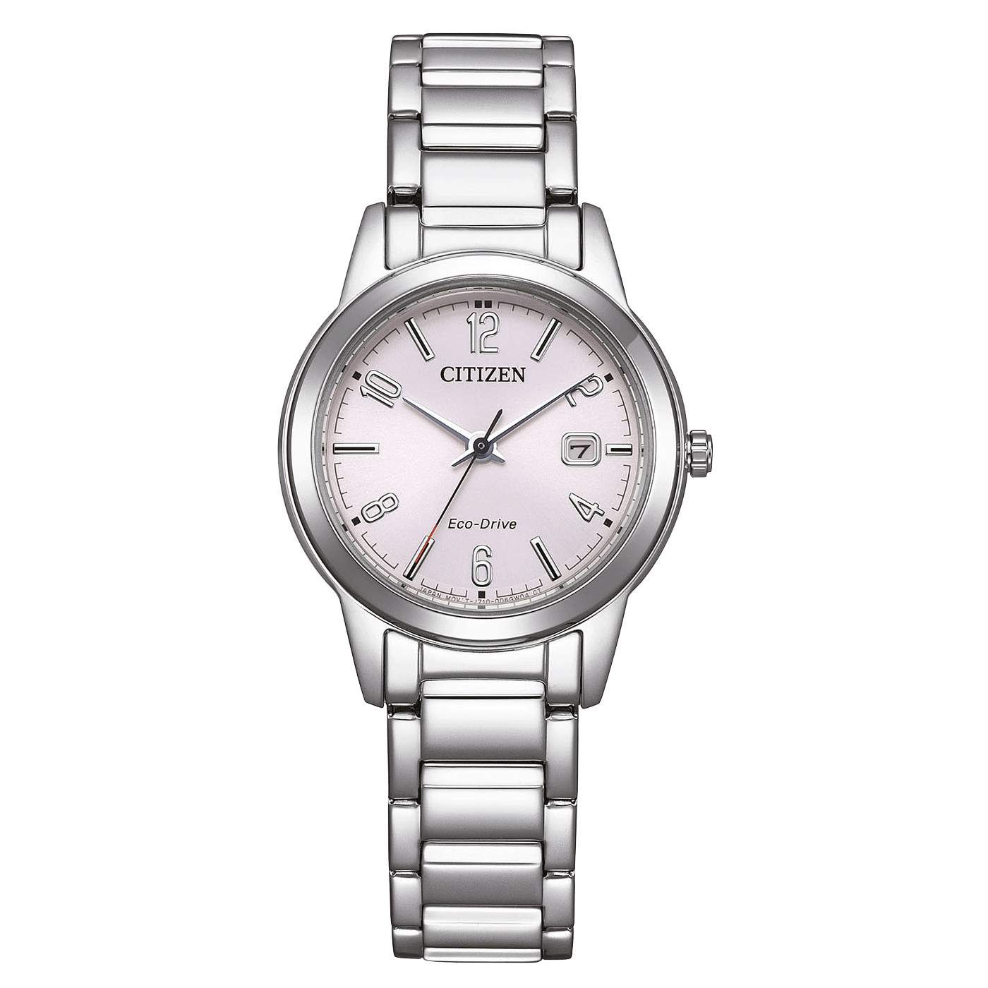 Frontansicht der Citizen Damenuhr FE1241-71Z Modern Dress mit pastell-rosa Zifferblatt, silberfarbenem Edelstahlgehäuse und -armband – das perfekte Accessoire für stilbewusste Damen.