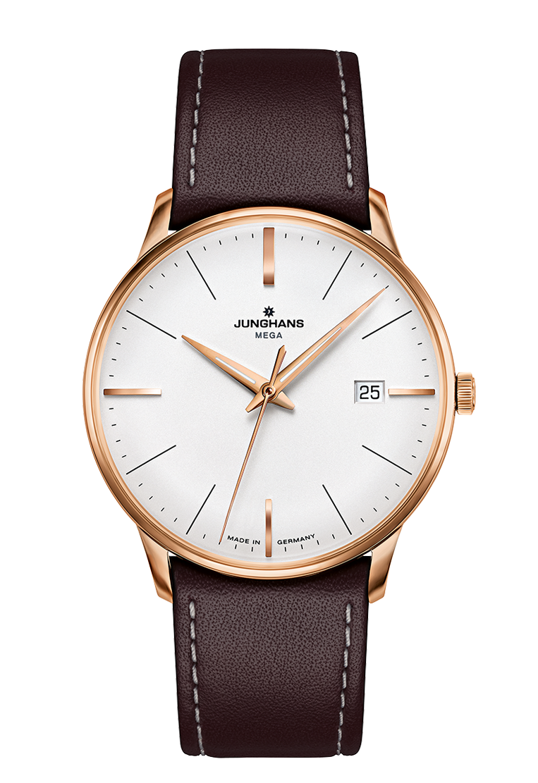 Junghans Meister MEGA (58/7500.02) – Elegante Funkuhr mit Lederarmband Junghans Meister MEGA 58/7500.02 mit versilbertem Zifferblatt und dunkelbraunem Lederband