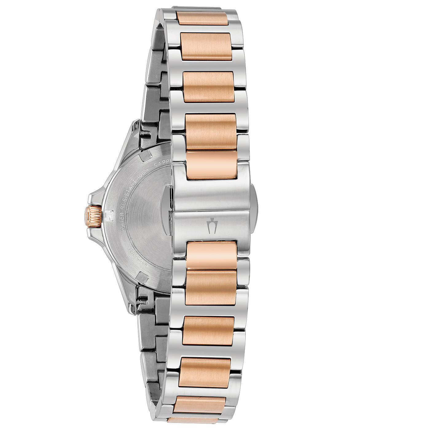 Rückseite Bulova 98R234 – Marine Star Series B Damenuhr: Exquisites perlmuttfarbenes Zifferblatt mit römischen Indizes Rückseite Bulova 98R234 – Marine Star Series B Damenuhr: Exquisites perlmuttfarbenes Zifferblatt mit römischen Indizes, veredelt mit 5 Diamanten auf dem Zifferblatt und 23 Diamanten-Akzenten, Bicolor-Gehäuse in Roségold, ionenplattiertes Edelstahl, versch