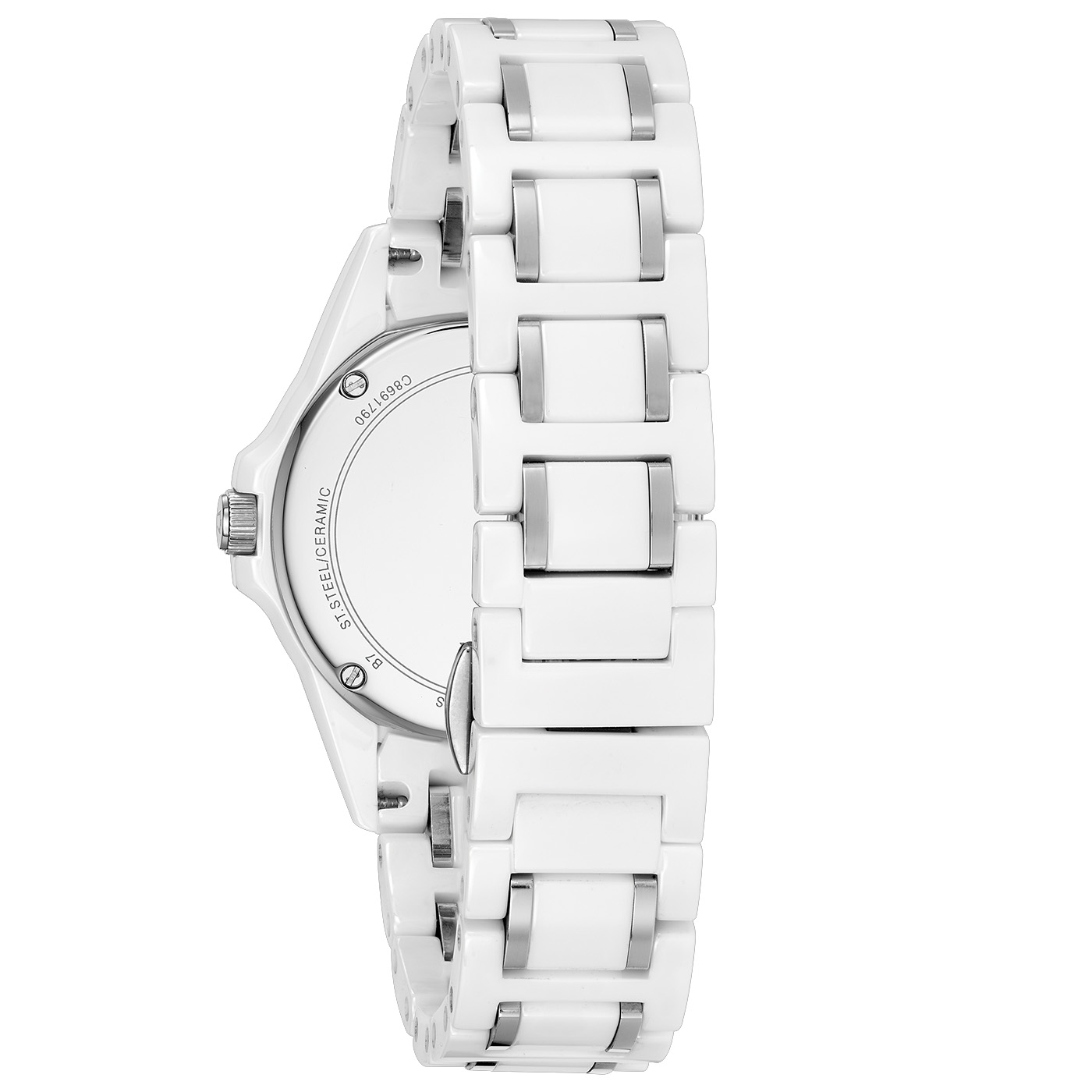 Rückseite der Bulova 98P172 – Elegante Damenuhr mit perlmuttfarbenem Zifferblatt, römischen Indizes, 5 Diamanten Rückseite der Bulova 98P172 – Elegante Damenuhr mit perlmuttfarbenem Zifferblatt, römischen Indizes, 5 Diamanten, Saphirglas, robustem Keramik-Stahlgehäuse mit verschraubtem Boden und weißem Keramik-Stahlarmband – erhältlich bei Juwelier Becher