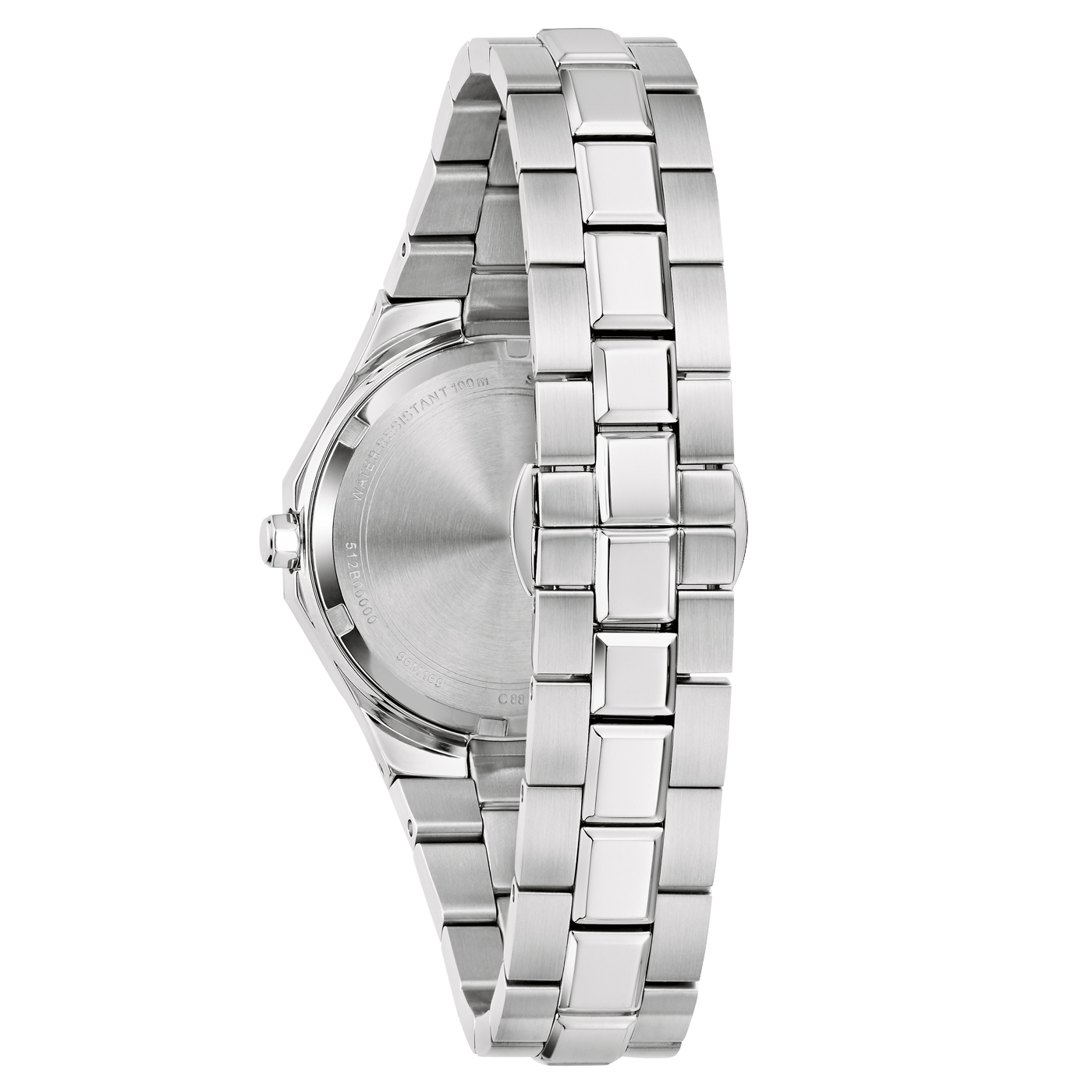 Rückansicht Bulova Damenuhr 96M169 – Blue Elegance in Silber Rückansicht auf Bulova Damenuhr 96M169: Elegante Damenuhr mit blauem Zifferblatt, leuchtenden Indizes, Saphirglas, einem silberfarbenen Edelstahlgehäuse mit verschraubtem Boden und silberfarbenem Edelstahlarmband mit Sicherheits-Faltschließe – erhältlich