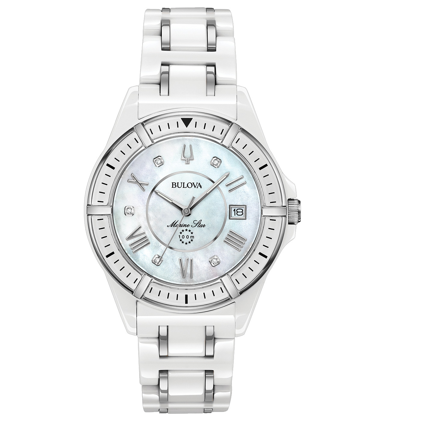 Bulova 98P172 – Elegante Damenuhr mit perlmuttfarbenem Zifferblatt, römischen Indizes, 5 Diamanten Bulova 98P172 – Elegante Damenuhr mit perlmuttfarbenem Zifferblatt, römischen Indizes, 5 Diamanten, Saphirglas, robustem Keramik-Stahlgehäuse mit verschraubtem Boden und weißem Keramik-Stahlarmband – erhältlich bei Juwelier Becher