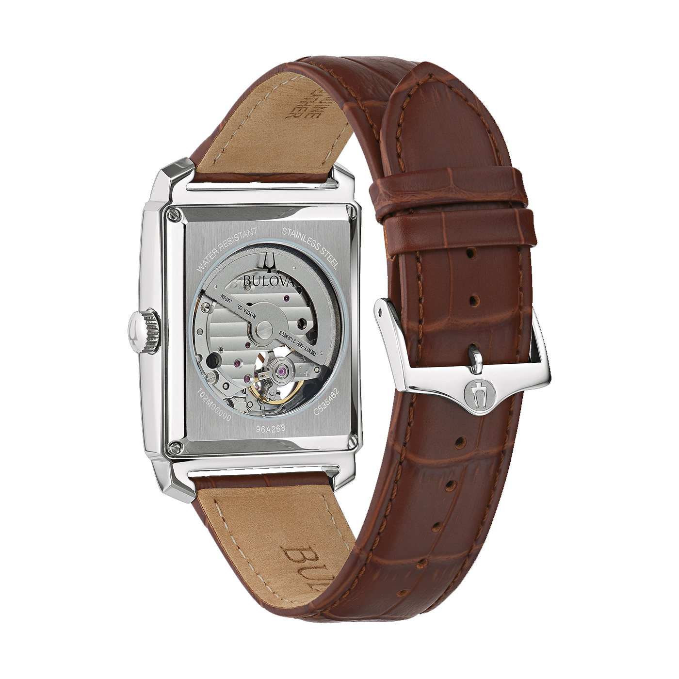 Rückansicht Bulova 96A268 – Classic Herren Mechanische Uhr in Silber mit Rosé-Gold Akzenten Rückansicht Bulova 96A268: Elegante Herren Uhr mit silberfarbenem Zifferblatt, arabischen Indizes, domed Kristallglas, verschraubtem Glasboden und rosé-goldenen Akzenten, kombiniert mit einem braunen Lederarmband – erhältlich bei Juwelier Becher.
