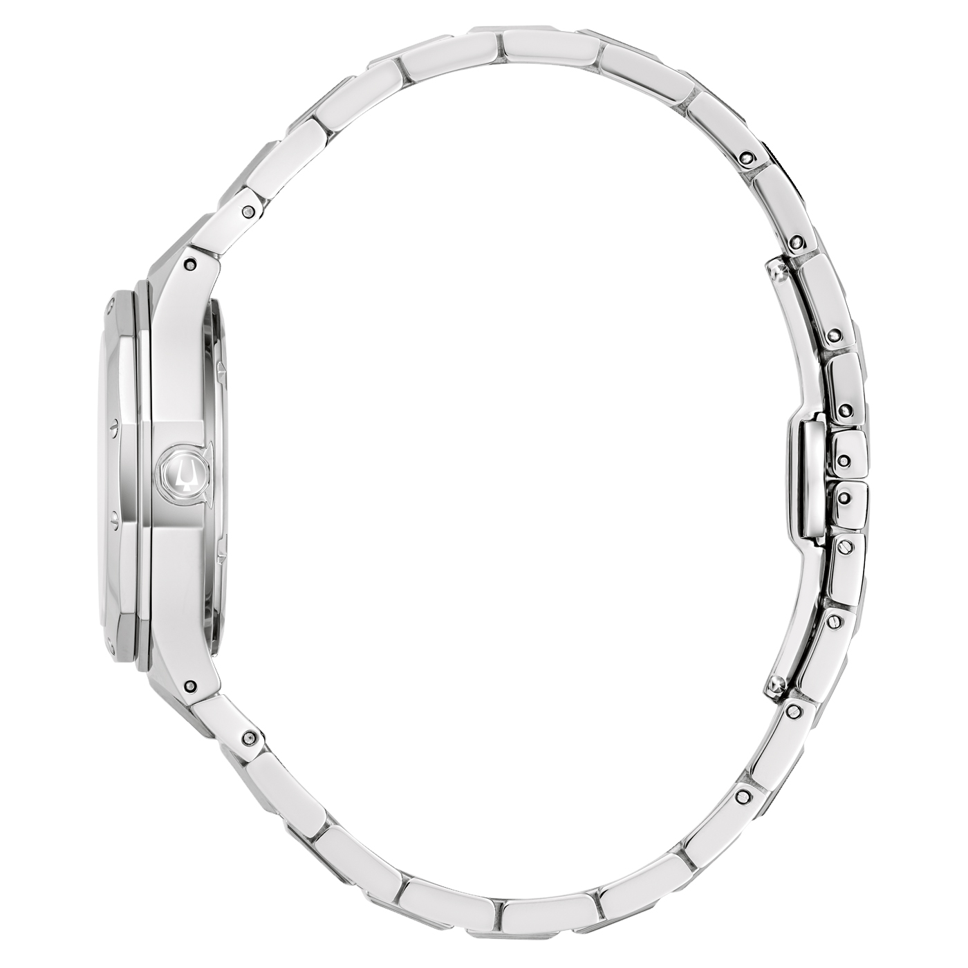 Seitenblick Bulova Damenuhr 96M169: Elegante Damenuhr mit blauem Zifferblatt, leuchtenden Indizes, Saphirglas, einem silberfarbenen Edelstahlgehäuse mit verschraubtem Boden und silberfarbenem Edelstahlarmband mit Sicherheits-Faltschließe – erhältlich bei 