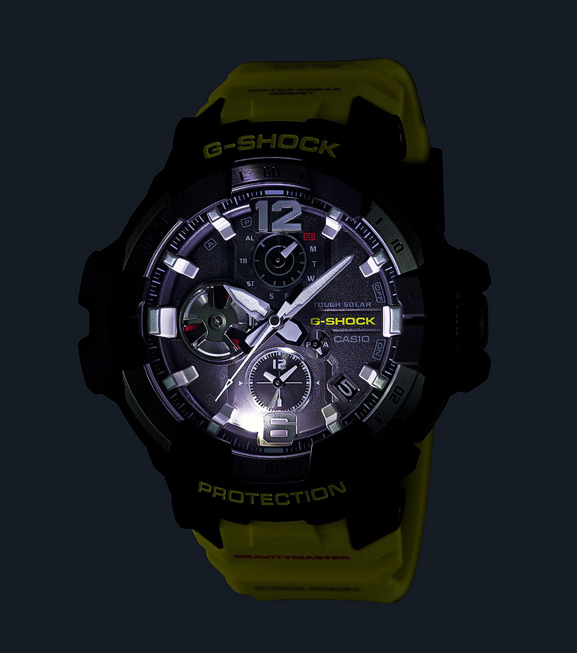 Beleuchtung CASIO GR-B300RY-1A9ER – Master of G Rescue Yellow Beleuchtung - CASIO GR-B300RY-1A9ER: GravityMaster mit schwarzem Gehäuse und leuchtend gelbem neon Armband, Tough Solar und Bluetooth, bereit für extreme Einsätze