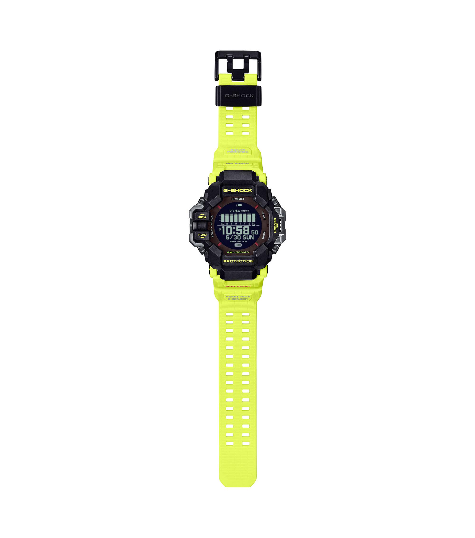 Totale - CASIO GPR-H1000RY-1A9ER – Master of G RANGEMAN Rescue Yellow Totale- CASIO RANGEMAN GPR-H1000RY-1A9ER: Schwarzes Gehäuse, leuchtend gelbes neon Armband, 6 Sensoren, GPS, Solar – Rescue Yellow Edition für extreme Einsätze