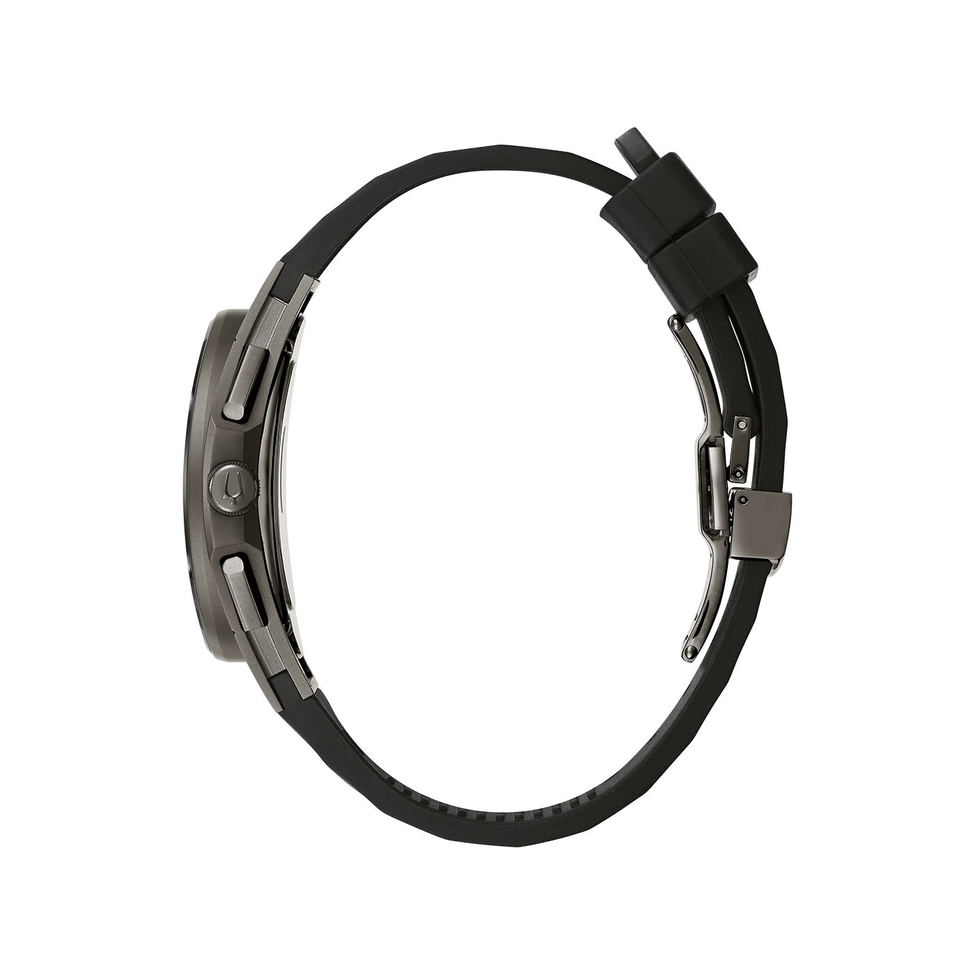 Seitenblick Bulova 98A162 – CURV Dress Chronograph, ein ergonomisch geformter Herren-Chronograph mit schwarzem Zifferblatt, roségoldenen Akzenten, gebogenem Saphirglas mit Antireflex und Glasboden, ionenplattiertem Titan-Gehäuse und schwarzem Urethan‑Arm­